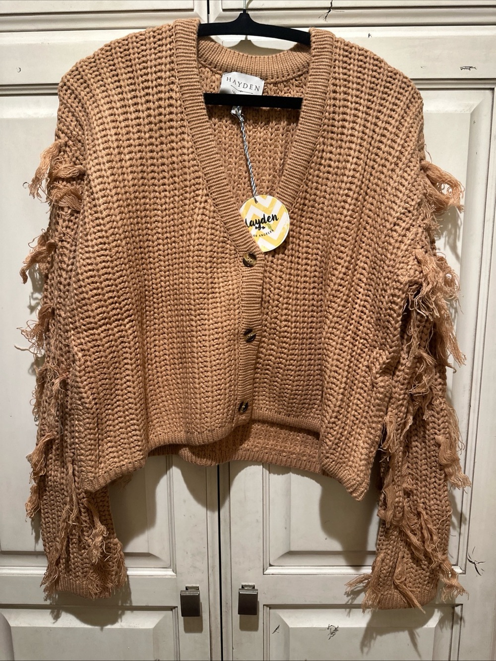 Hayden Camel Fringe Sleeve Chunky V-Neck Cardigan